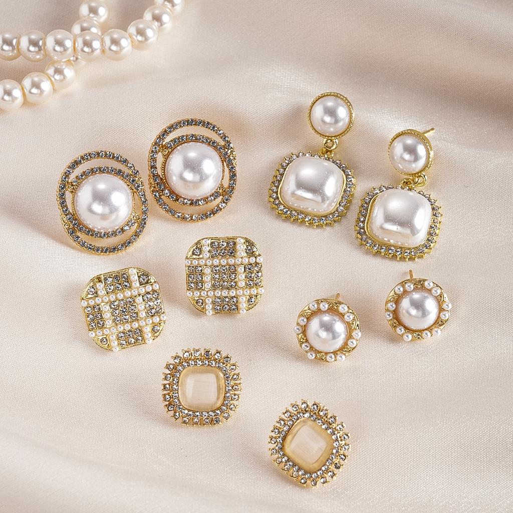 Ten-piece set of silver needle diamond imitation pearl geometric square round stud earrings retro light luxury earrings