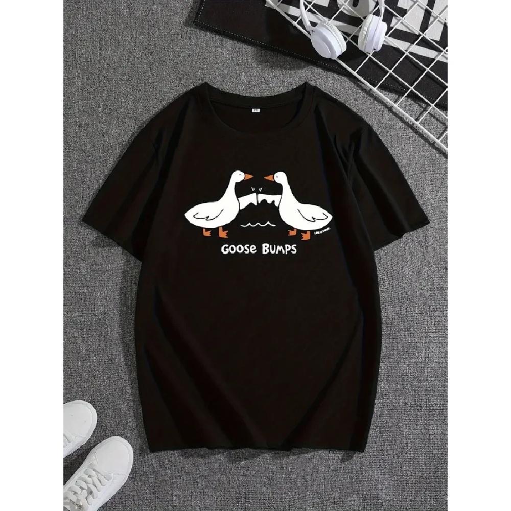

_GOOSE BUMPS_ And Cartoon Geese Graphic Print, Men s Novel Design T-shirt, Casual Comfy Tees For Summer, Men s Clothing Tops XXXXXL чёрный