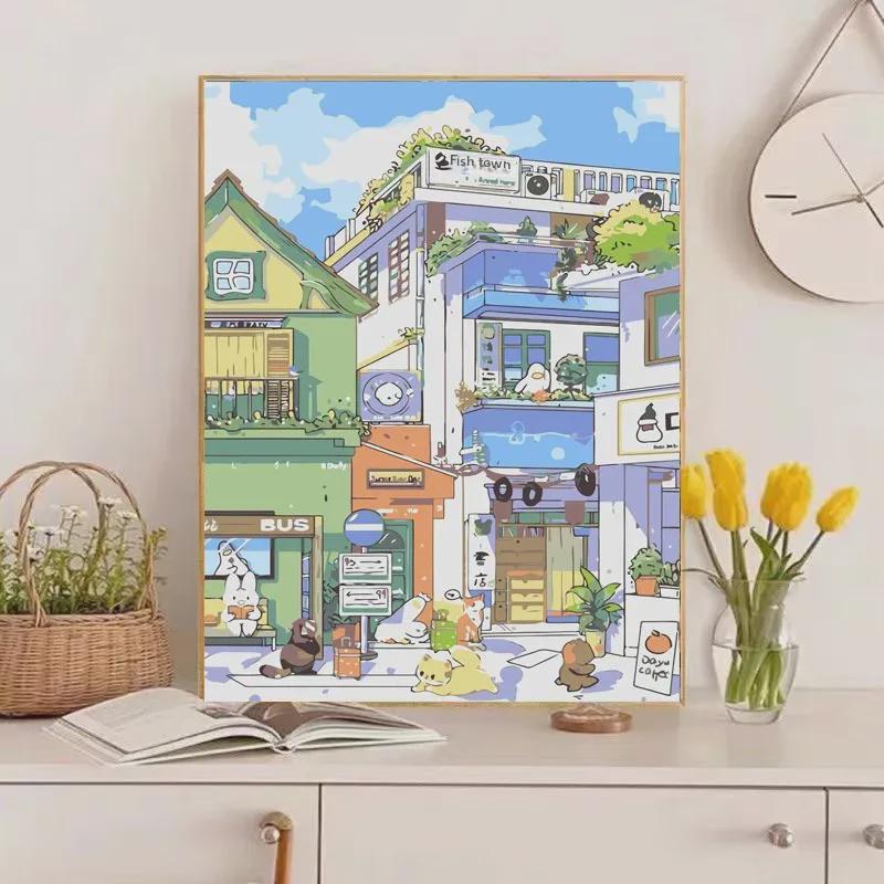 DIY Hong Kong Street Scene Digital Oil Painting - Hand-Painted Landscape for Coloring and Relaxation