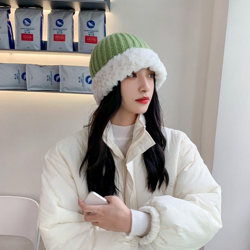 Women Warm Fluffy Plush Bucket Hat Ladies Winter Solid Fashionable Knitted Cap  Fisherman Cap Ladies