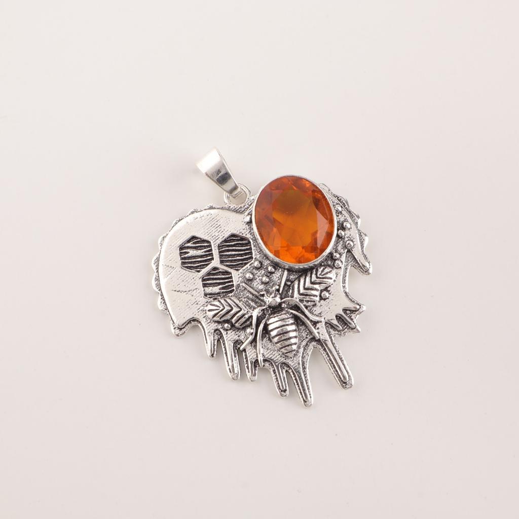 Natural Citrine Gemstone 925 Sterling Silver Jewelry Oxidized Bee Pendant 1.49" CP-28-1