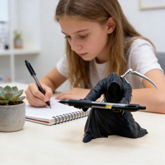 Grim Reaper Pen Holder 3D Printed Gothic Pencil Storage Rack Desktop Organizer for Halloween Home Office Decor