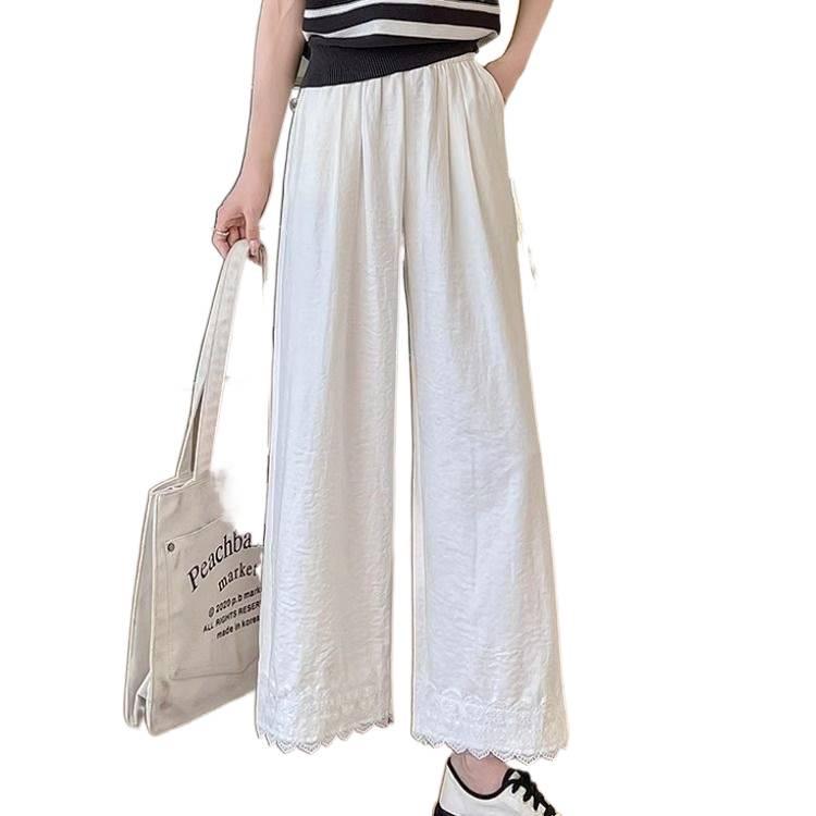 Women's Summer Ice Silk Wide-Leg Pants with Lace Trim by Yamamoto
