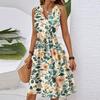 Damen Frühling und Sommer Casual V-Ausschnitt Ärmellose Taille Blumendruck Midikleid