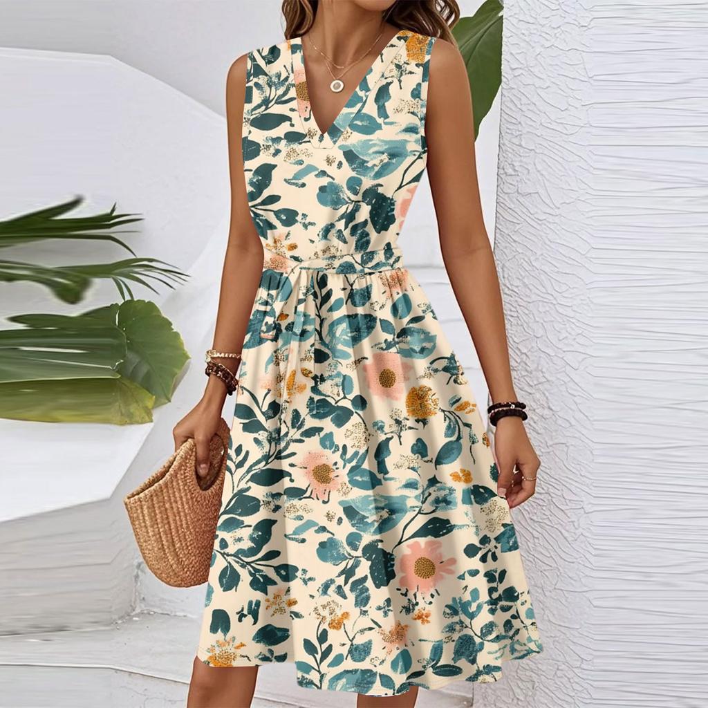 Damen Frühling und Sommer Casual V-Ausschnitt Ärmellose Taille Blumendruck Midikleid