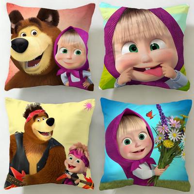 Classic Cartoon Masha and the Bear Cushion Cover Soft & Easy-Wash Pillow Case – Versatile for Couch, Bed, Travel and Office