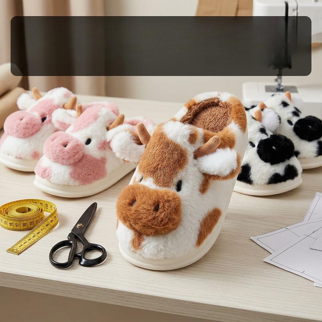 Casual Fluffy Slippers Women House Cute Cartoon Cow Designer Shoes Girl Flat Fashion Elegant Plush Winter Platform Footwear Home