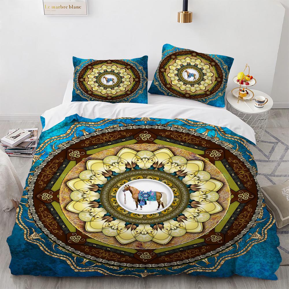 Mandala Duvet Cover Set Boho Style Horse Pattern Chic Polyester Comforter Cover King Twin Size for Teens Adults Kids Bedding Set
