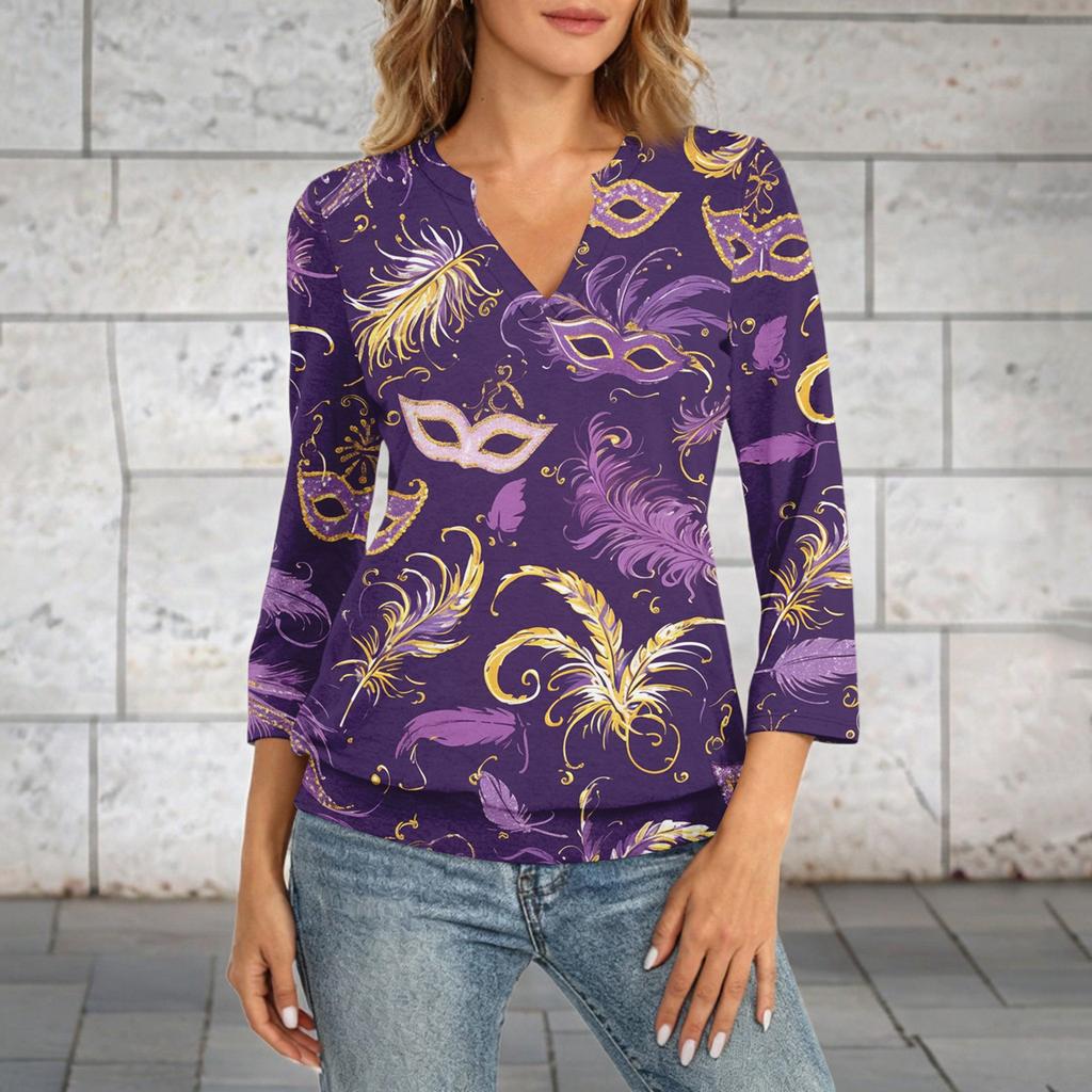 Women's 3/4 Sleeve Top With Cuffed Hem, V-Neck, Summer Casual -Shirt, Carnival Printed Top