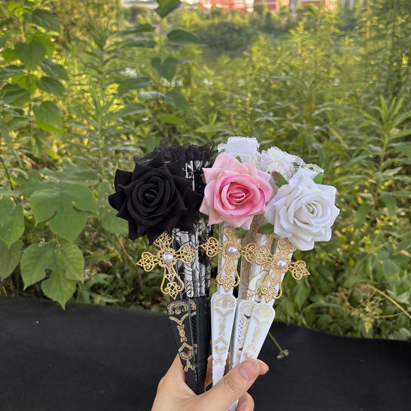 Female Lace Hand Fan Lolita Gothic Fan Victorian Vintage Black White Red Rose Bamboo Fans Cosplay Halloween Party Photo Prop