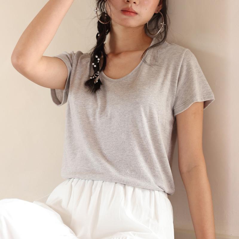 New Spring and Summer Silk Bottoming Shirt Women's Lyocell Goose Egg Neck Short Sleeve Top