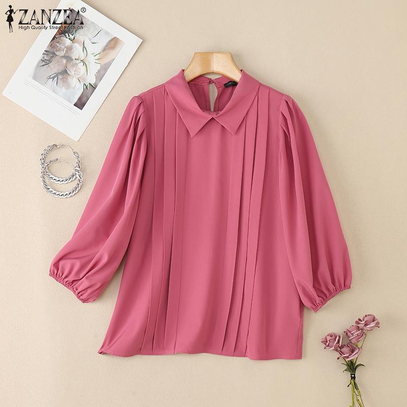 ZANZEA Women Summer Turn Down Collar Loose Casual 3/4 Sleeve Solid Blouse