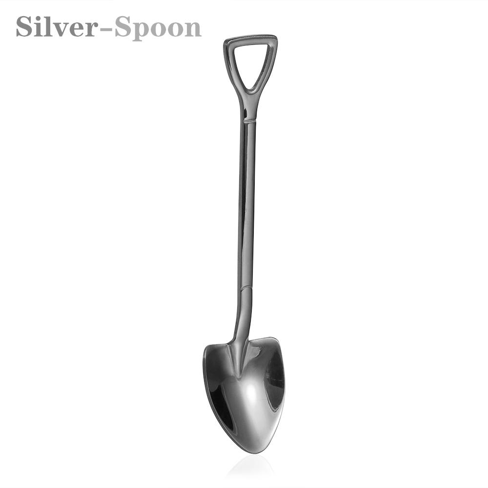 Multi-color Stainless Steel Spoon Fork Shovel Shape Ice Cream Spoon Creative Long Handle Ice Cream Coffee Tools Kitchen Supplies