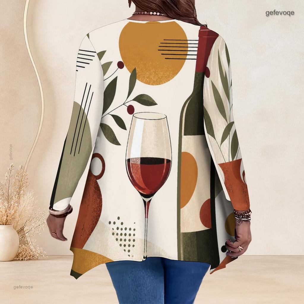 Women Plus Size V Neck Long Sleeve Printed Asymmetric Hem Flared Tunic Top