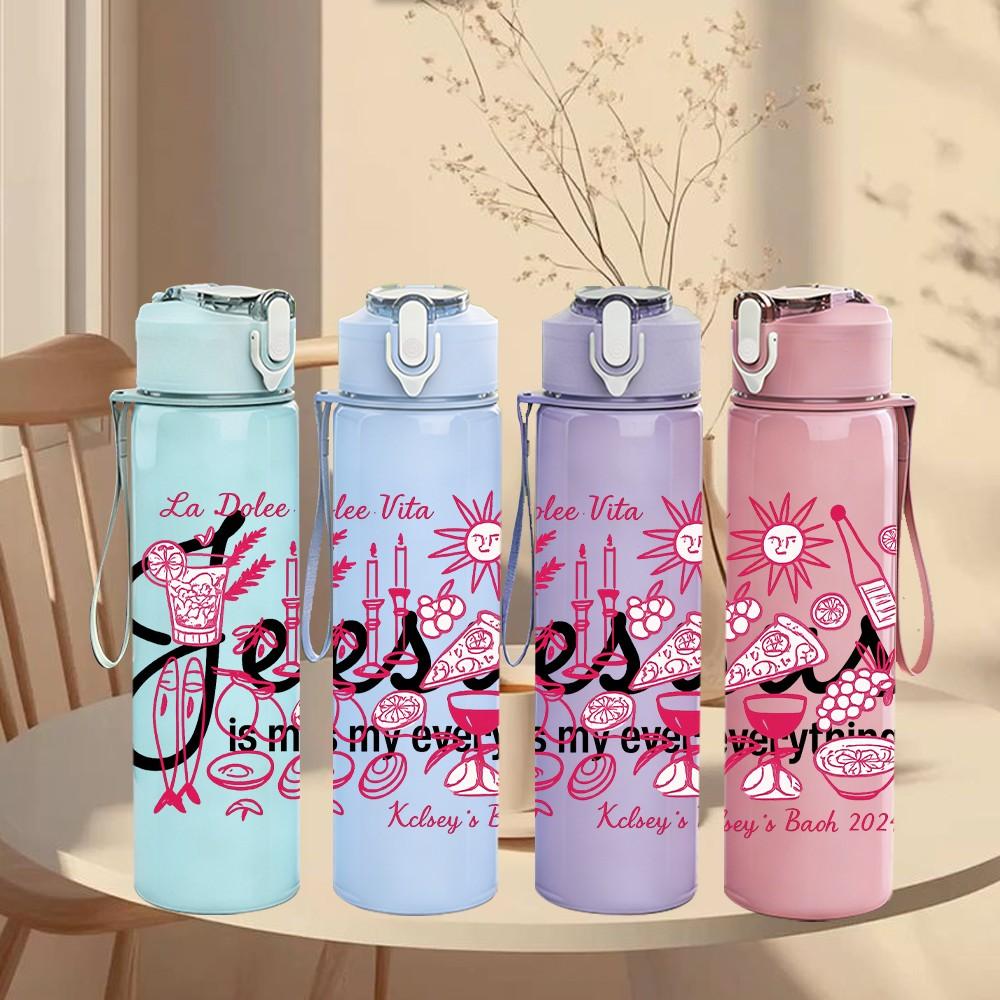 1PC Jesus Floral Letter Art 750ml Color Plastic Sports Water Bottle Leakproof Flip Straw Lid Suitable for Sports Office Home Use