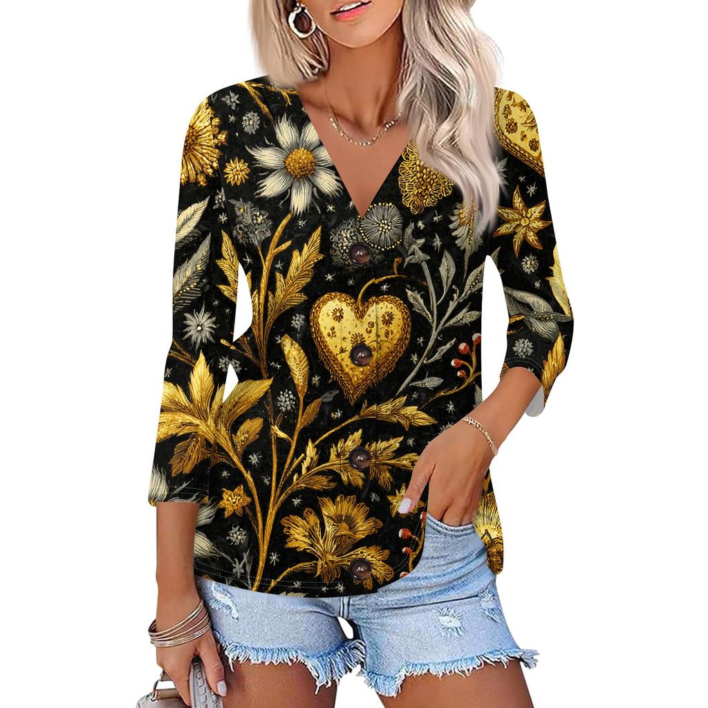 Women's Casual Fashion Floral Print Three-quarter Sleeve Button Cardigan Top