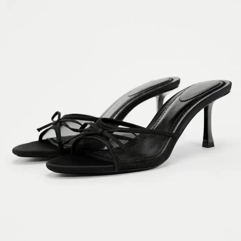 Designer Luxury Summer High Heel Women Slippers Fashion Butterfly-knot Slip On Slides Ladies Elegant Stripper Party Sandalias