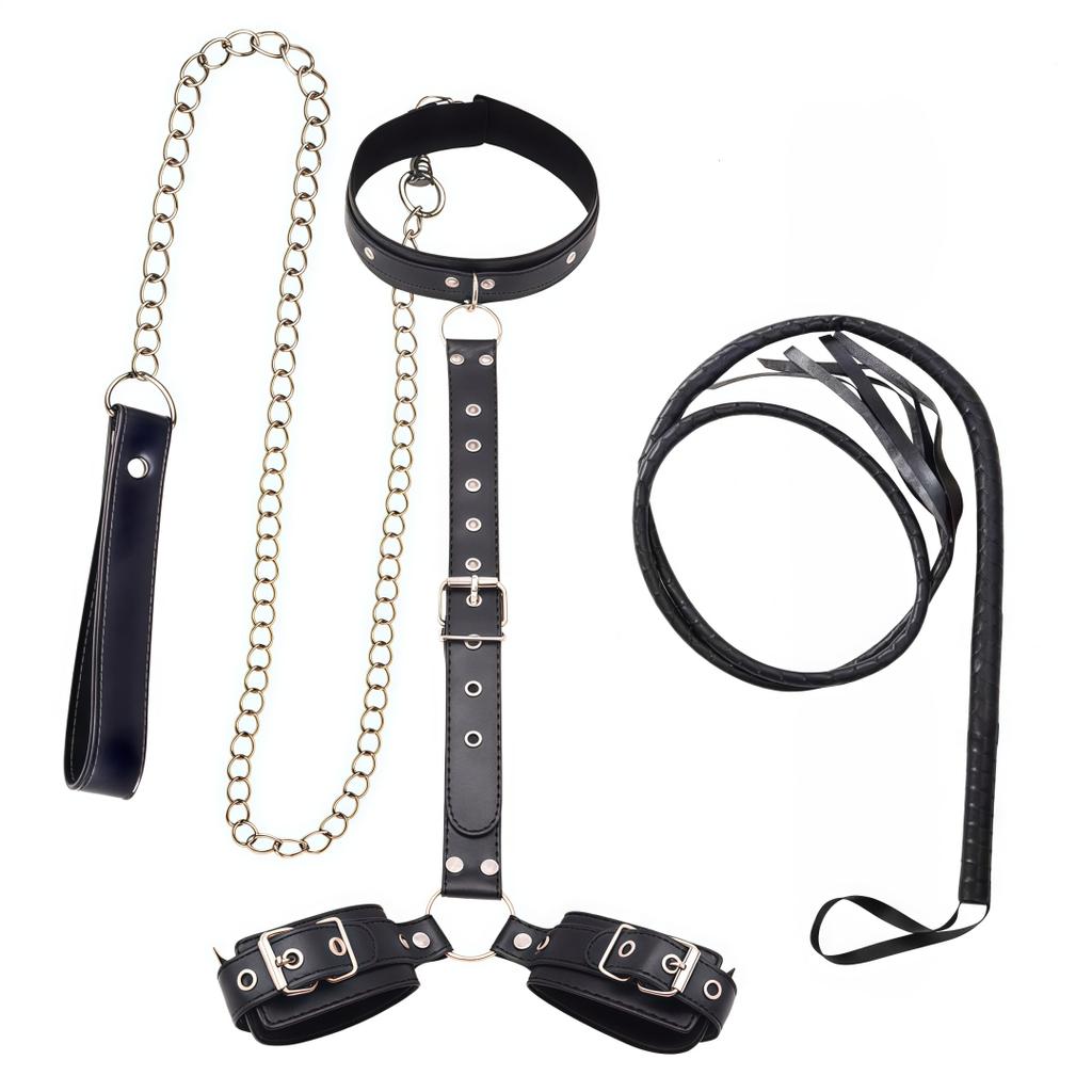 Adjustable Neck To Wrist Ankle BDSM Bondage Kit with Collar Handcuffs Chain Leash Straps for Couples Role Play Sex Toys