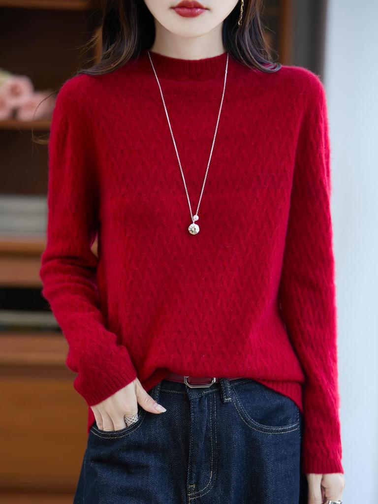 Women's 100% Pure Wool Wheat Ear Pattern Base Layer Top - Plus Size, Stylish Autumn/Winter 2025 Sweater