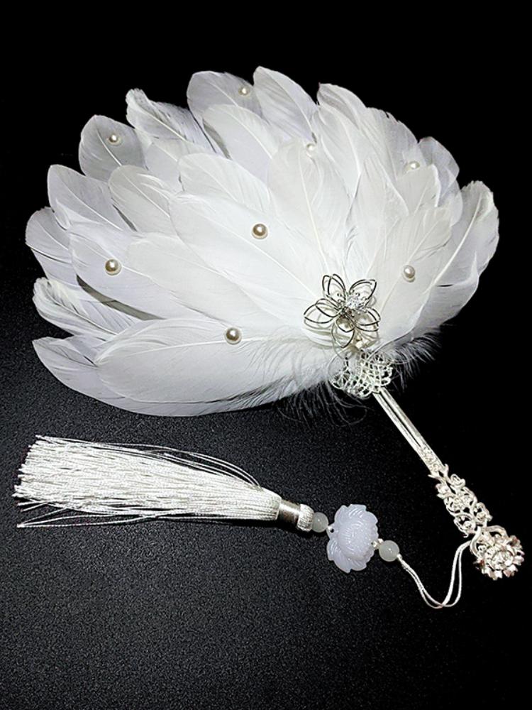 Wachlarz z piórko kołowy styl starożytny frędzel perła okrągły Hanfu dekoracje do tańca szlafroki poranne rekwizyty ślubne Neoklasyczny 1 szt.