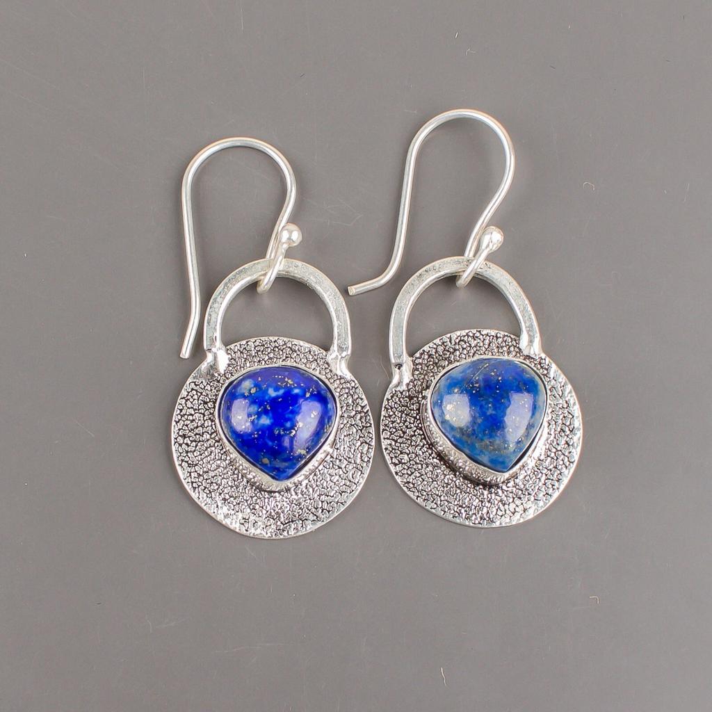 Natural Lapis Lazuli Gemstone 925 Sterling Silver Handmade Dangle Earrings 1.30" EE-63-24