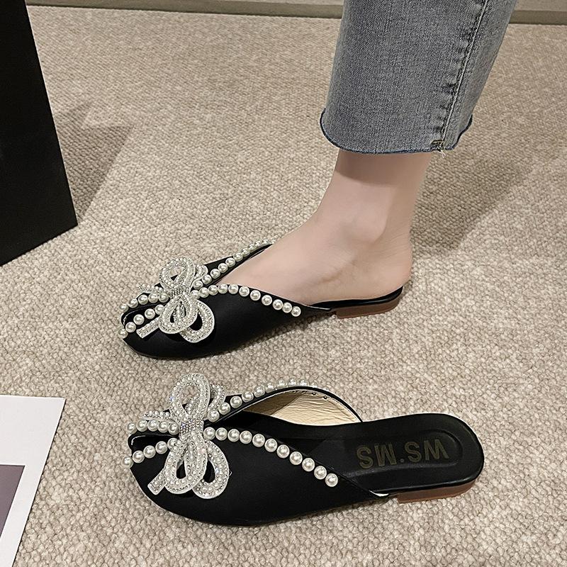 Women Slippers Summer Baotou Half Slippers Butterfly-knot Pearl Design Slippers for Women Non Slip Flat Slipper Chanclas