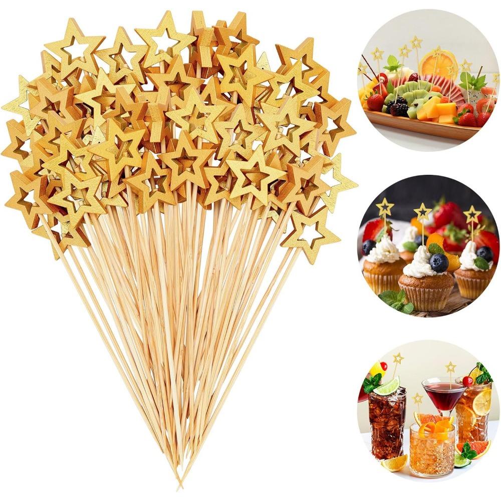 50pcs Golden Silver Hollow Star Bamboo Skewers Buffet Fruit Food Picks Cocktail Sticks Christmas Party Birthday Wedding Decor