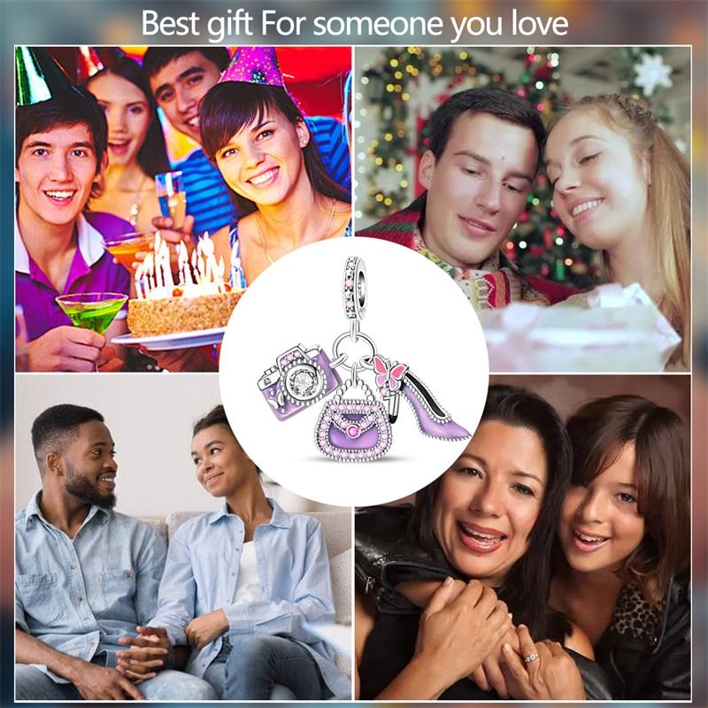 New 925 Silver Purple Bag Charms Pendant For Women Fit Bracelet DIY Birthday Party Jewelry Gifts