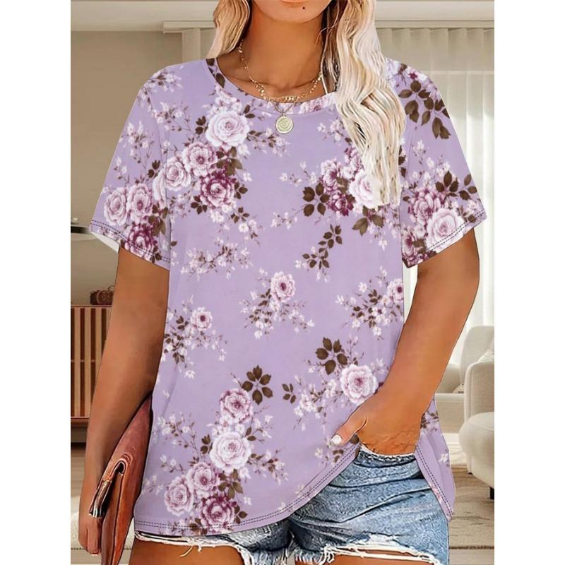 

Comfortable, casual, elegant vacation style printed pattern plus size women s round neck T-shirt short sleeved clothing S