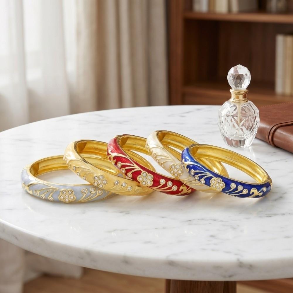 Enamel Floral Flower Crystal Bangle 5 Petals Women's Hand Bracelet Vintage Cloisonne Bangle Ladies