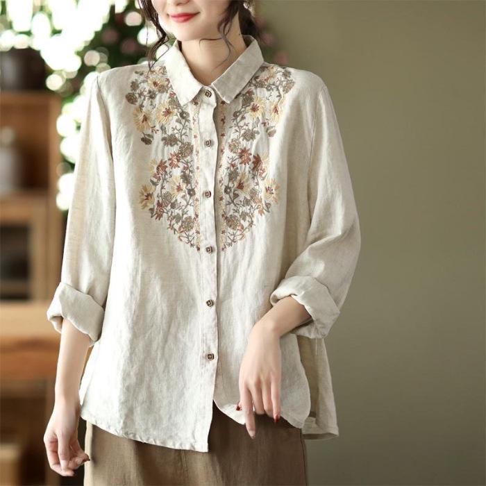 

Plus Size Loose Fit Embroidered Cotton Linen Shirt - Ethnic Style, Retro Long Sleeve with Turn-Down Collar for Spring and Autumn. 3XL - Recommended for 145-165 lbs