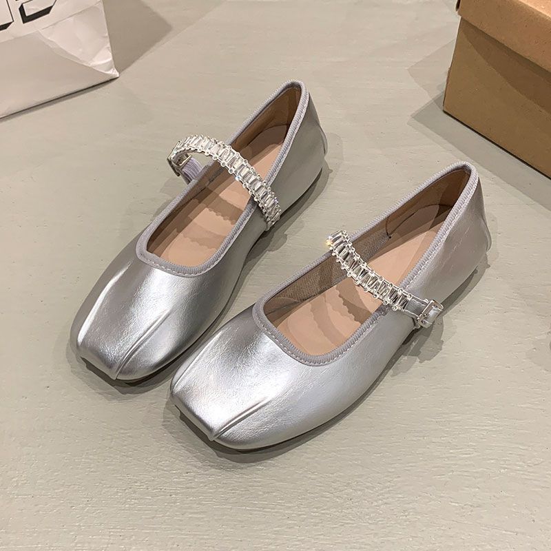 One word with rhinestone flat bottom Mary Jane women's shoes new square head shallow mouth soft sole single shoes