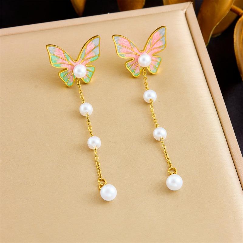 Gold Enamel Butterfly Pearl Drop Earrings