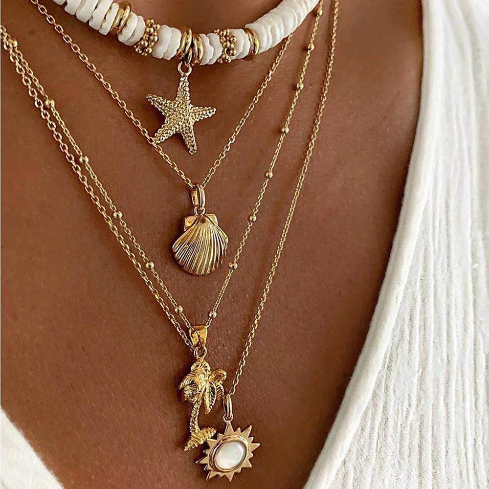 

Retro Boho Summer Beach Jewelry Necklace for Women Soft Pottery Starfish Elephant Flower Pendant Multi Layer Choker Accessories