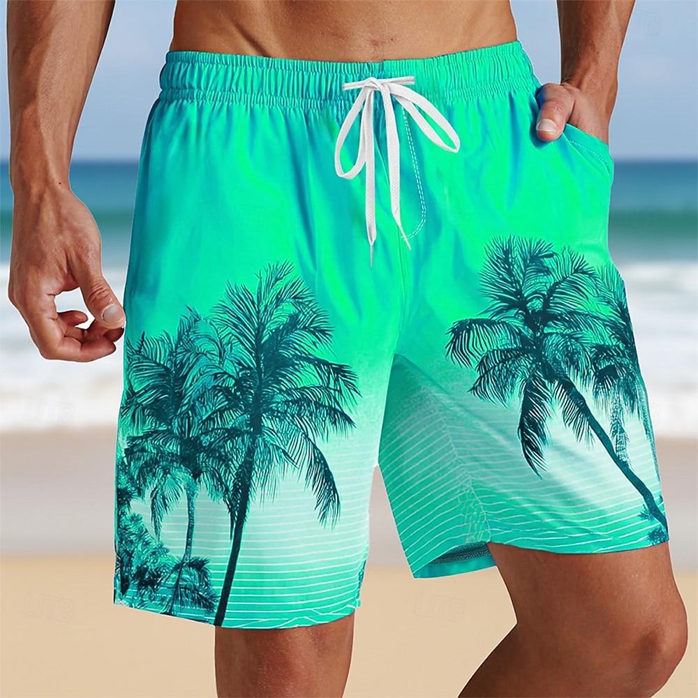 Men's Gradient Color Tropical Plants & Coconut Tree Print Beach Shorts, Casual Shorts with Side Pockets,Vacation Wear for Summer
