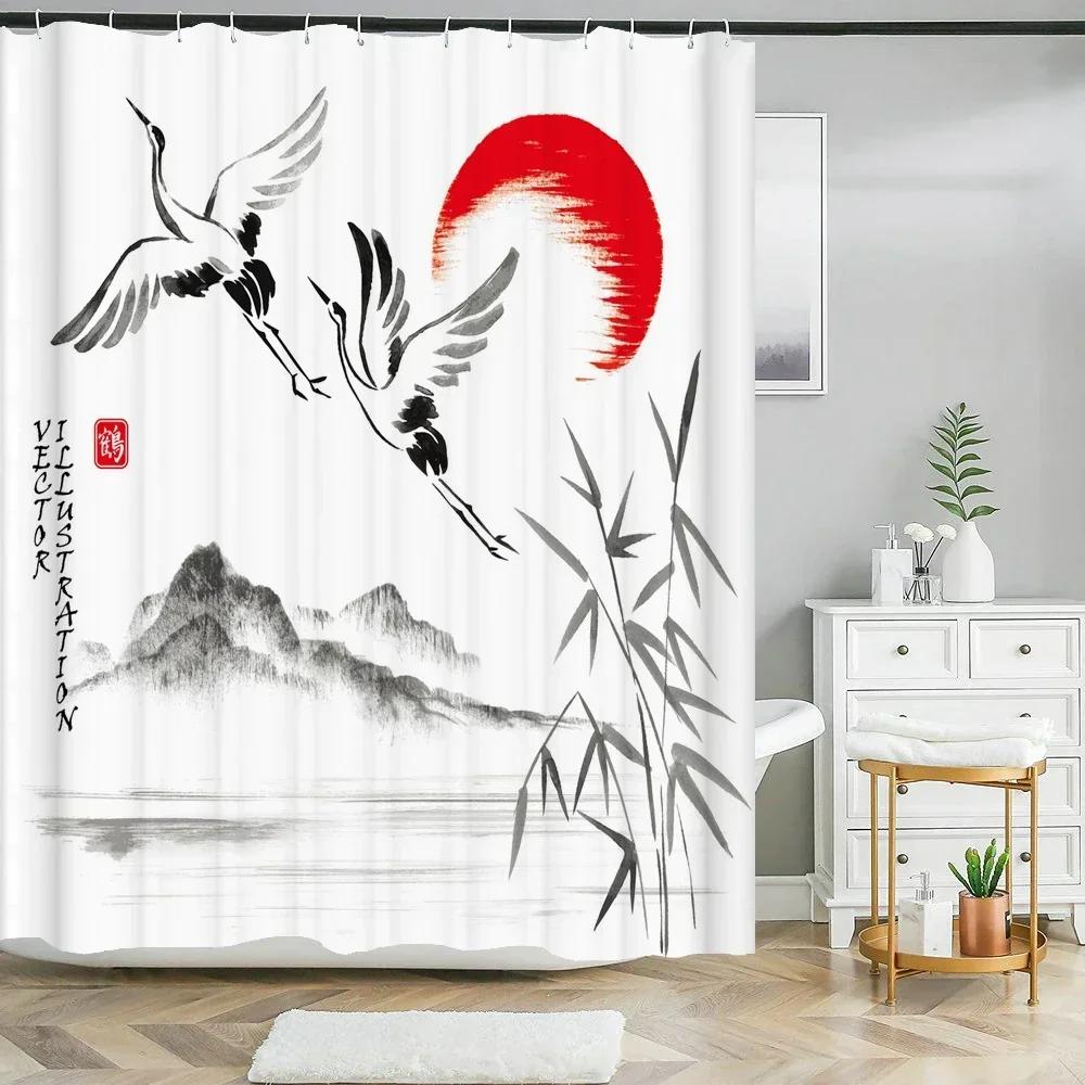 Japanese-Style Flowers Plum Blossom Shower Curtains Bathroom Curtain Frabic Waterproof Polyester Bath Curtain With Hooks