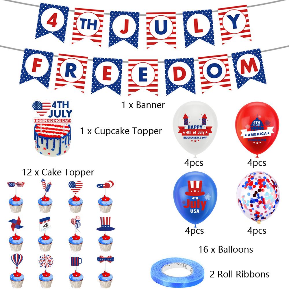 Vlastenecké party dekorace ke 4. červenci zahrnují banner, ozdoby na dort a balónky