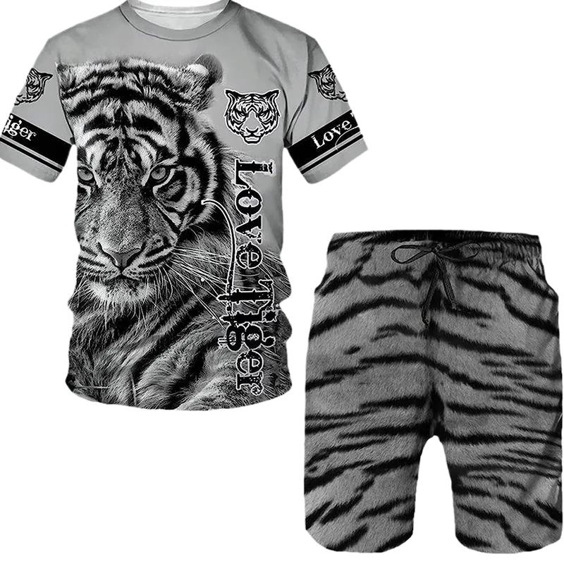 T Shirt & Shorts Sets 2piece Suit for Mens Animal Pattern Print Short Sleeve Tracksuit Leisure 3D Polyester Man's Set