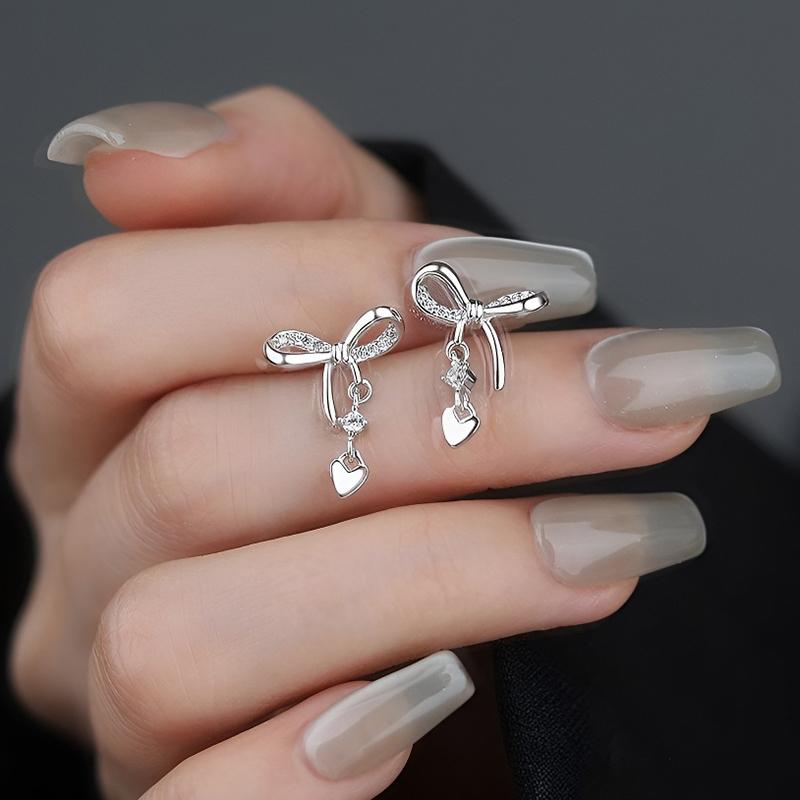 ANENJERY Bowknot Heart Zircon Pendant Earrings for Women Sweet French Delicate Luxury Design Simple Jewelry Gifts Wholesale