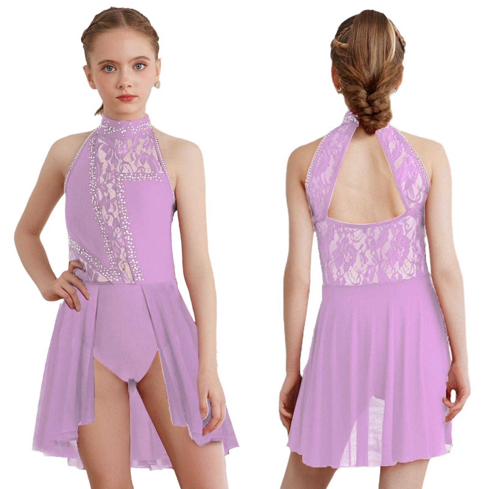 

Дівчата сучасного ліричного танцювального одягу з квітковим мереживом, стразами, купальник, пачка, балет, фігурне катання, гімнастика, танцювальний одяг 13-14 Years світло-фіолетового кольору