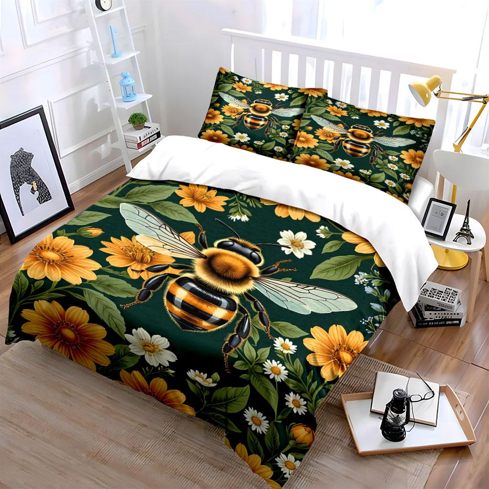 Bee and Yellow Flower Pattern Bedding Duvet Cover Set (1*Duvet Cover 2*Pillowcases, without duvet insert)