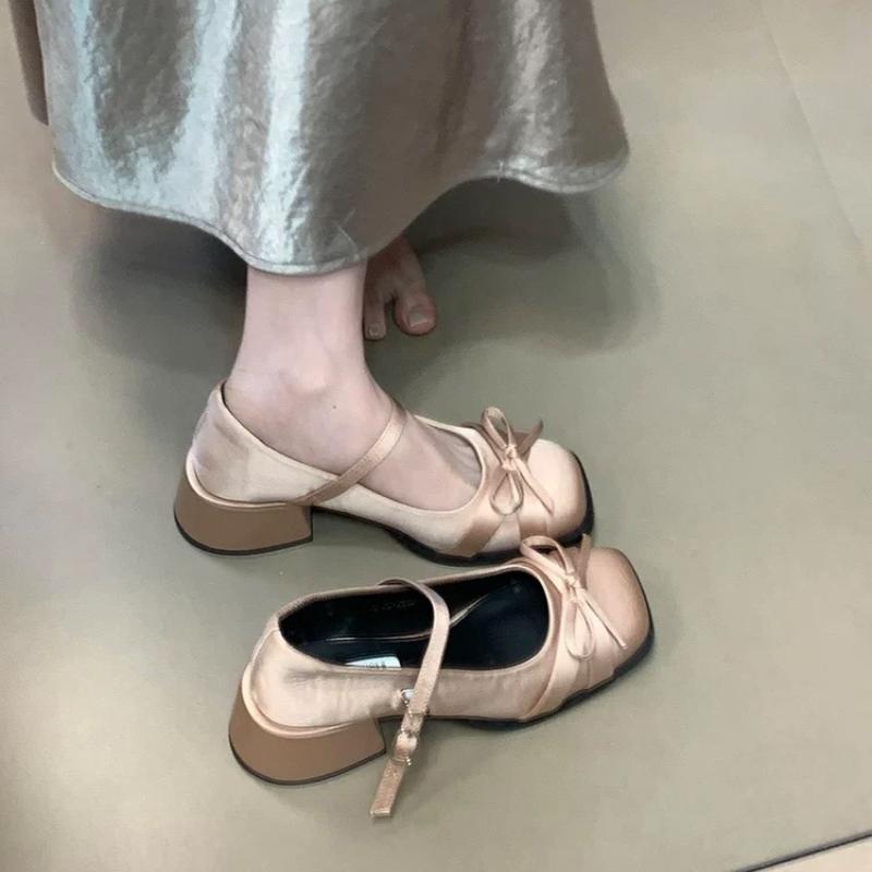 Women Shoes 2025 Spring Mary Jane Fashion Butterfly-knot Square Toe Satin Women's High Heels Buckle Elegant Pumps Shoe Wedding