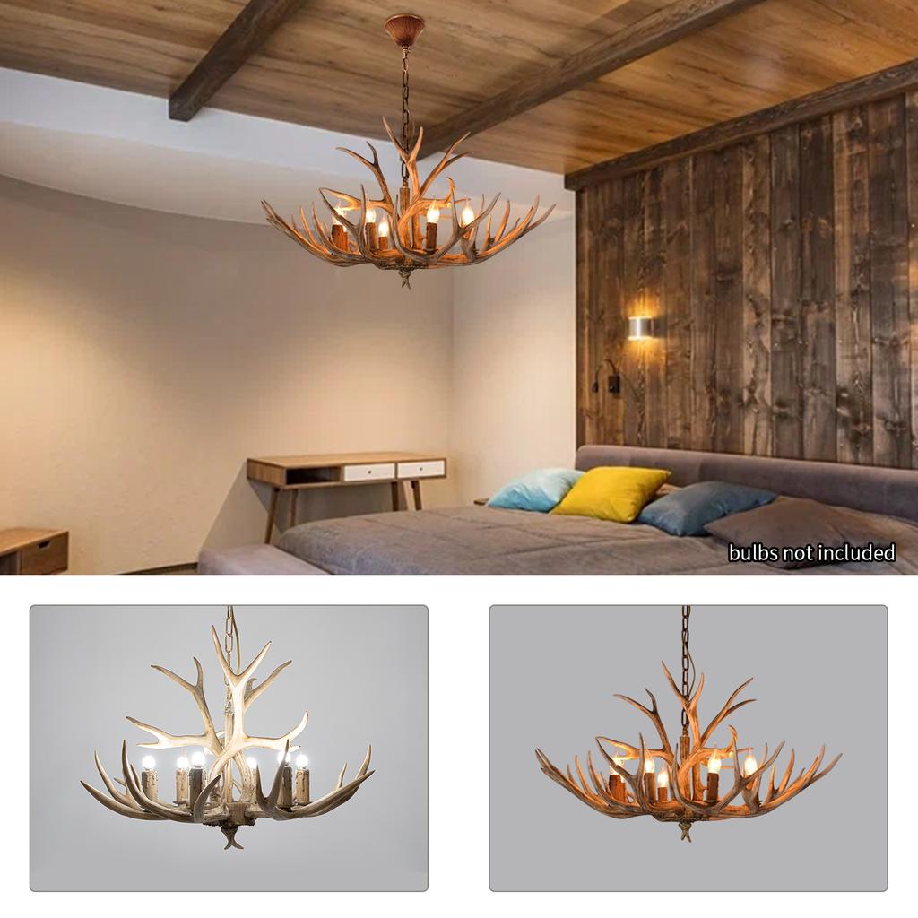 Antlers Chandelier Resin 6-Lamp Retro Rural Style Chandelier Height Adjustable with E12 Base Kitchen Island Cabin Western Decor