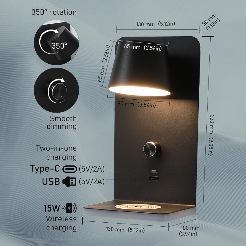 LED Wall Lamp with Wireless and USB Dual Charging Ports for Bedroom and Hotel Reading