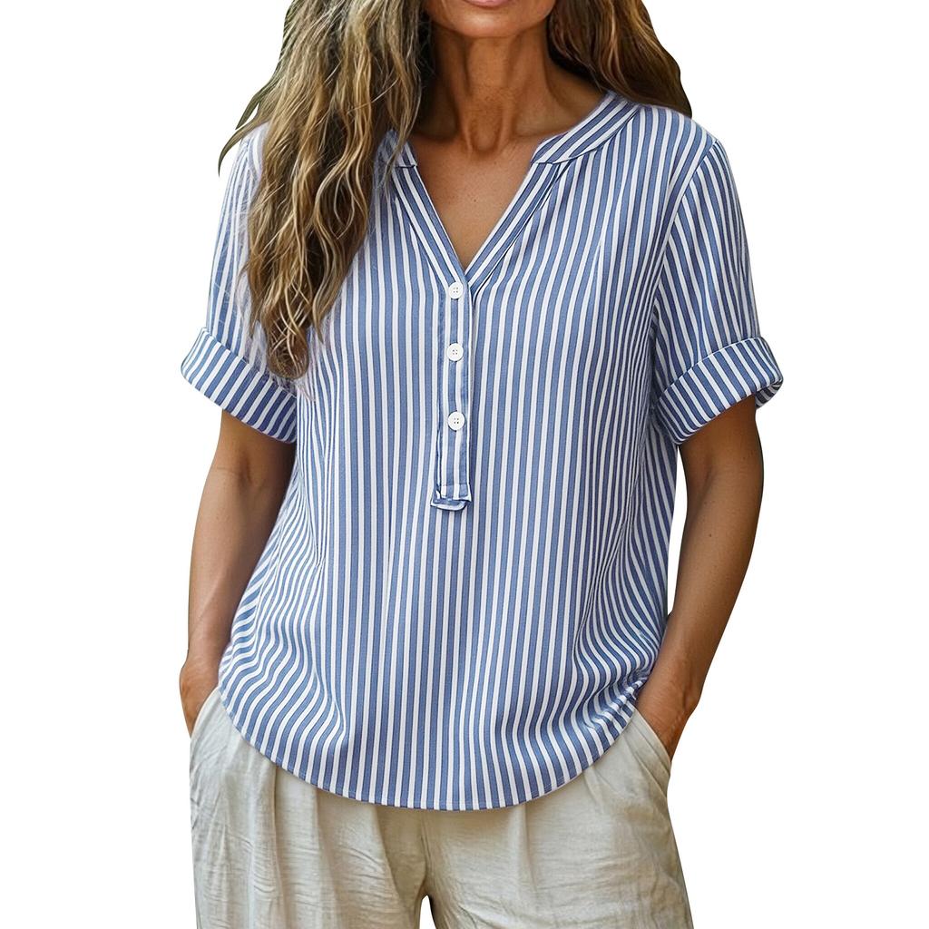 Chemise rayée élégante à boutons en coton et lin pour femme, idéale pour l'été.