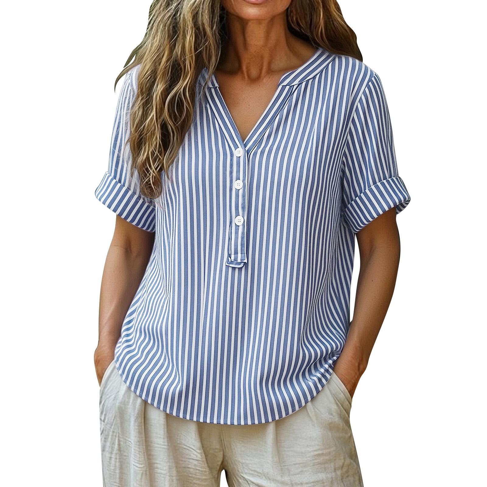 Women s Summer Top Stylish Button-Down Cotton-Linen Striped Shirt XXXL
