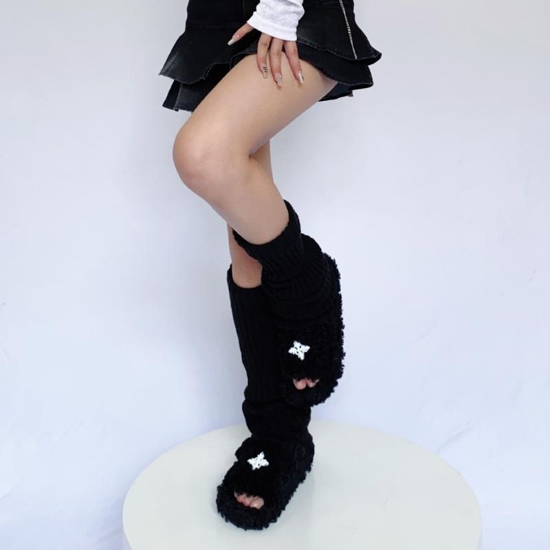Dames Winter Herfst Dik Geribbelde Gebreide Beenwarmers Harajuku Effen Kleur Japanse Stijl Voetbedekking Dij Hoge Sokken