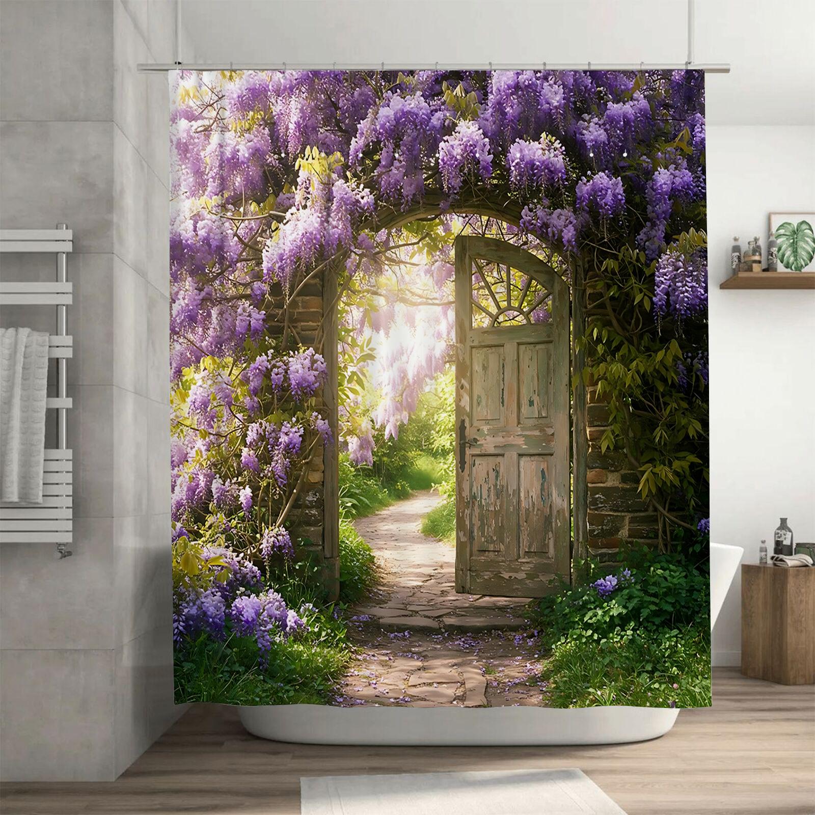 Dunika Chen Wisteria/Purple Romantic Garden Doorway Curtain Enhances Bathroom With Blossoms Beauty Serenity Suitable For Wet& Dry Separation