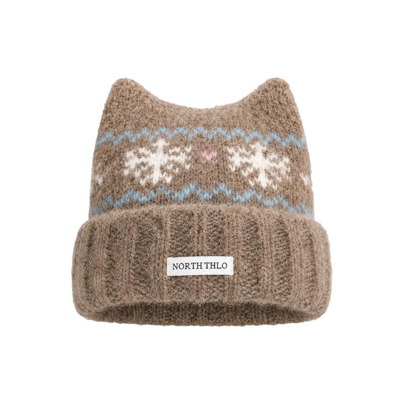 2026 autumn and winter new Fair Island wind cat ear wool hat, fleece warm cold hat, big head circumference and small knitted hat