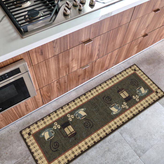 Tapis de couloir - Ottomanson - STK3075-20X59 - Vert olive - Motif café - 50x150 cm